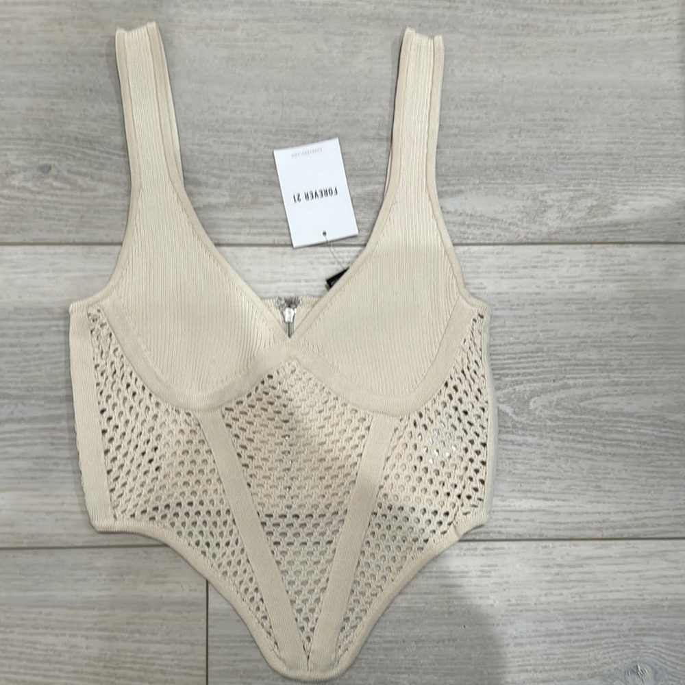 Forever 21 Beige Crochet Zip-Up Top